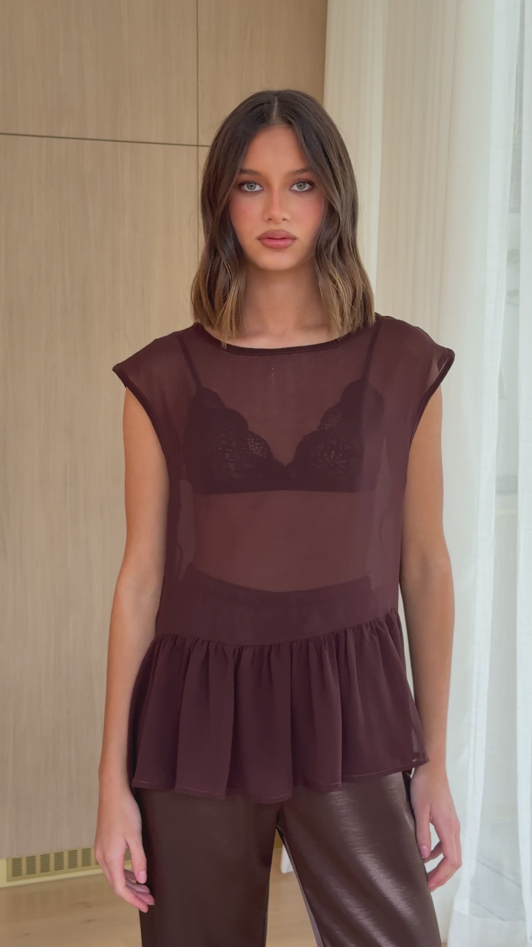 Deana Long Line Sheer Top - Brown - Billy J