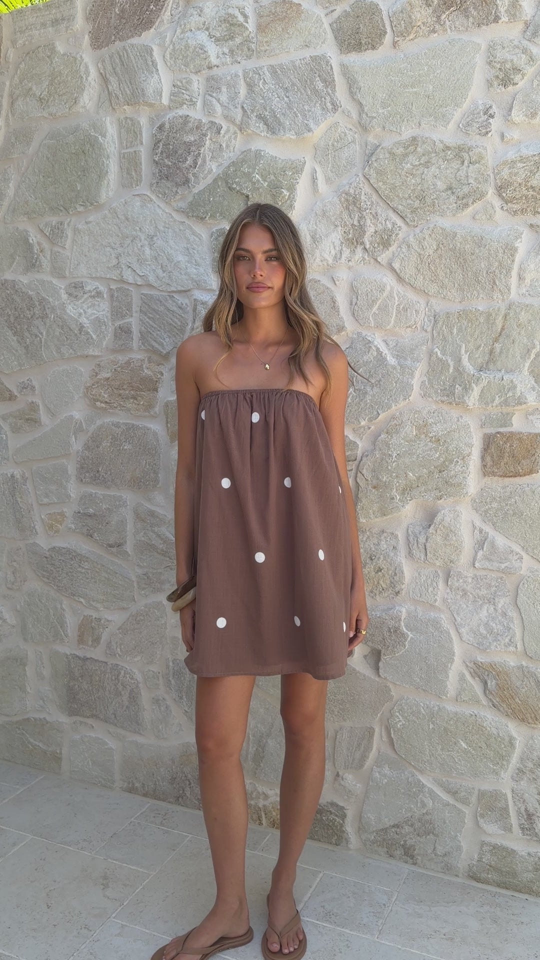 Load video: Karina Strapless Mini Dress - Chocolate/White Polka - Billy J