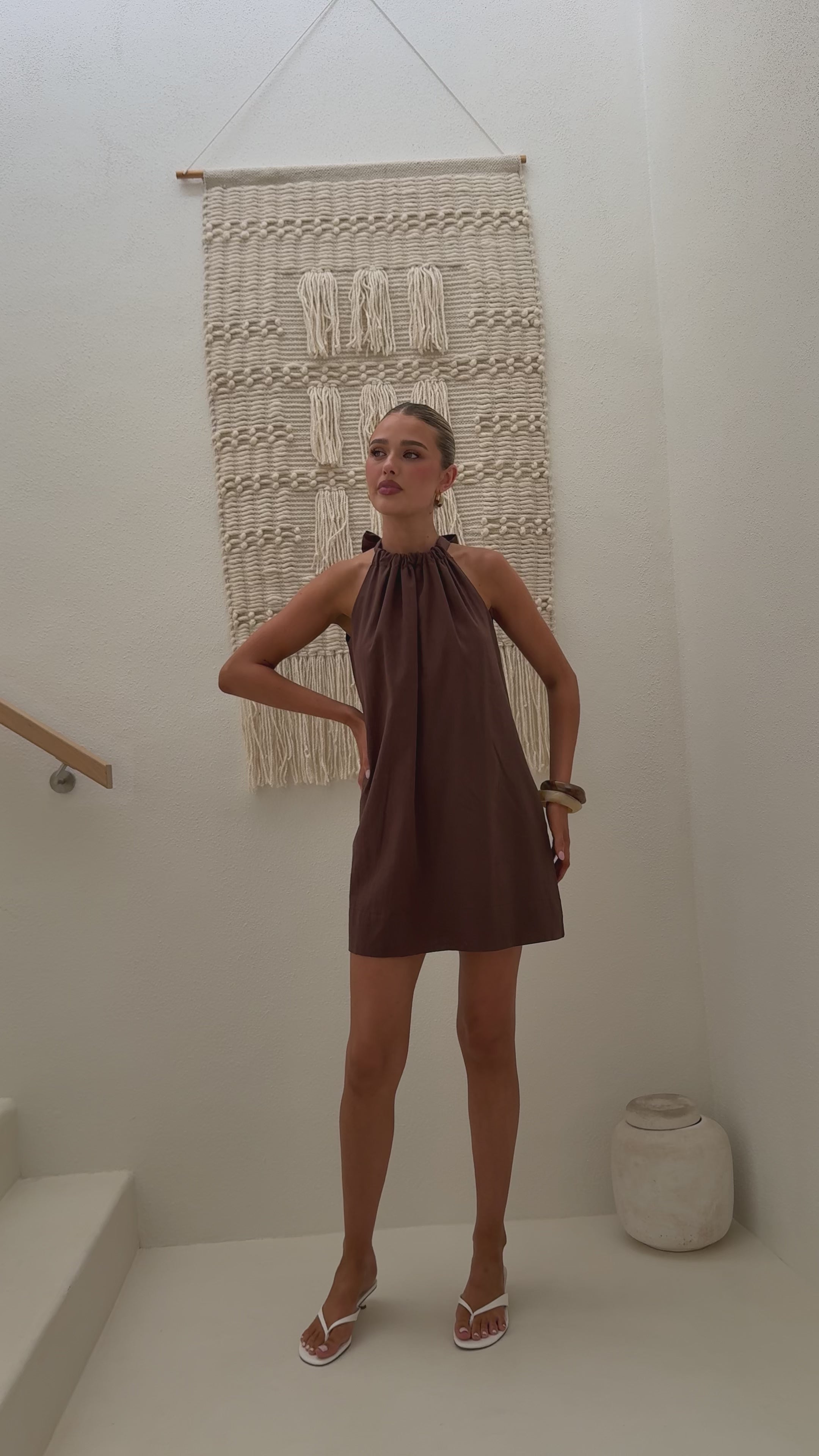 Load video: Demy Halter Mini Dress - Chocolate - Billy J