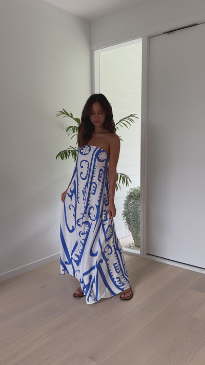 Load and play video in Gallery viewer, Connie Maxi Dress - White / Blue Tribal

