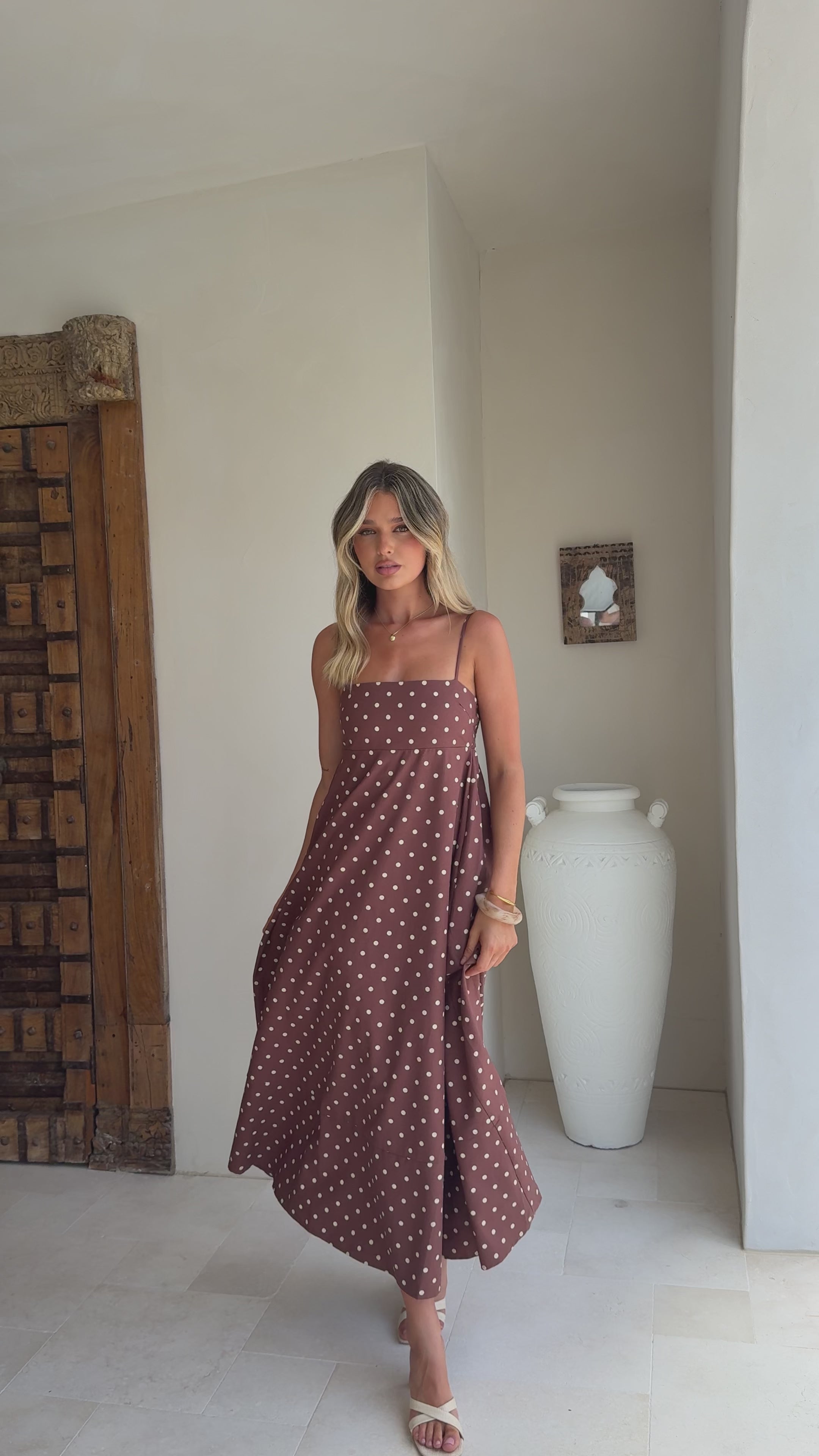 Load video: Elie Maxi Dress - Chocolate/Cream Polka Dot - Billy J