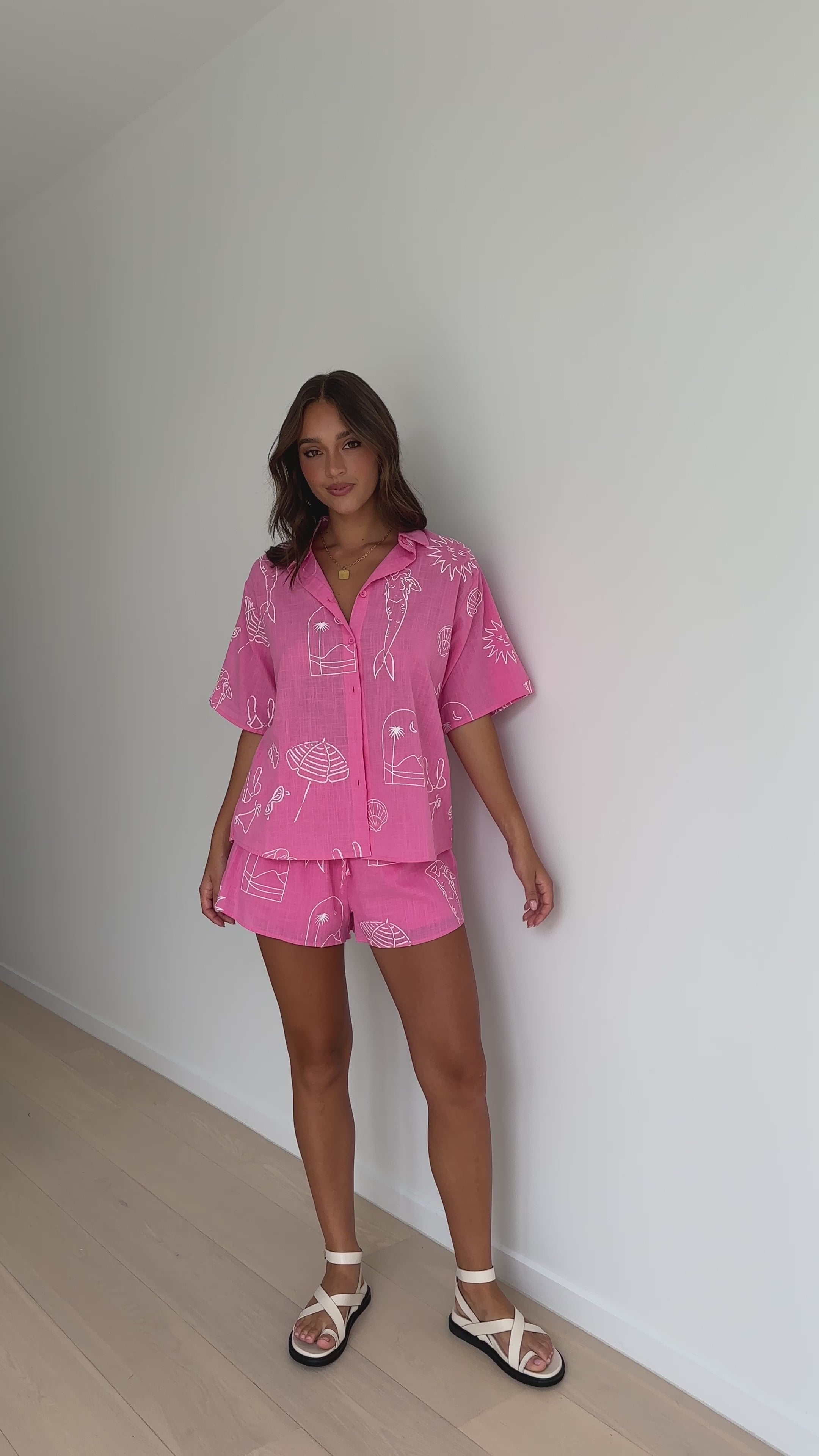 Charli Button Up Shirt and Shorts Set - Pink/White Mermaid Shell Print