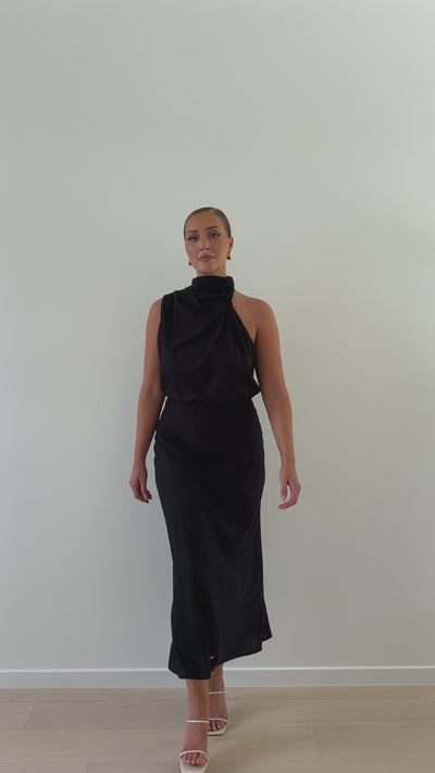 Load and play video in Gallery viewer, Estha Linen Maxi Dress - Black
