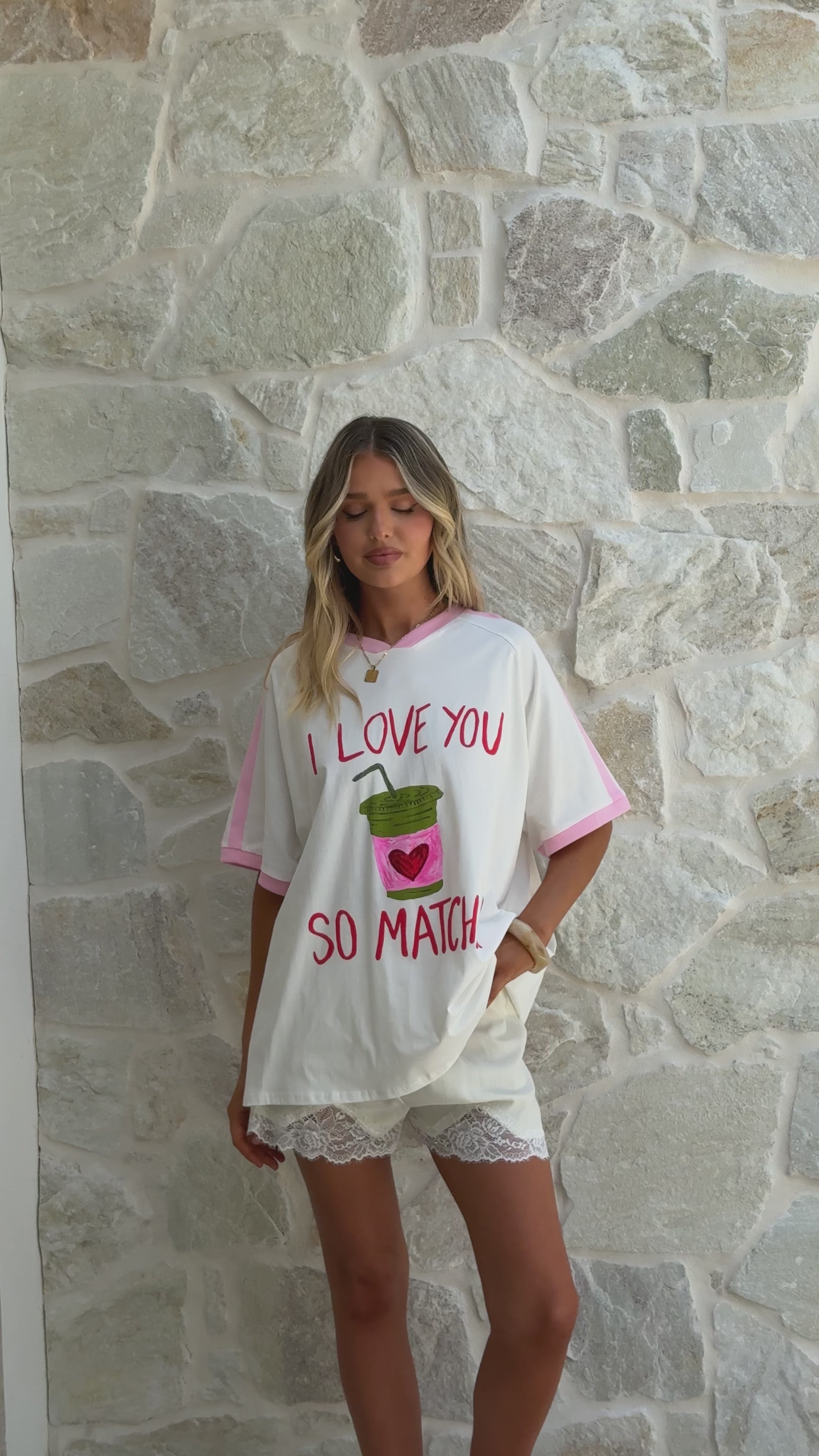 Load video: I Love You So Matcha Oversize T-Shirt - White/Pink - Billy J