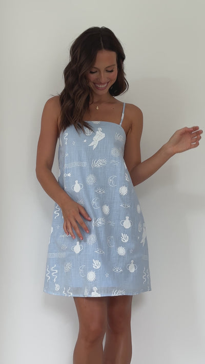 Load and play video in Gallery viewer, Bethani Mini Dress - Blue/White Mermaid Sun Moon
