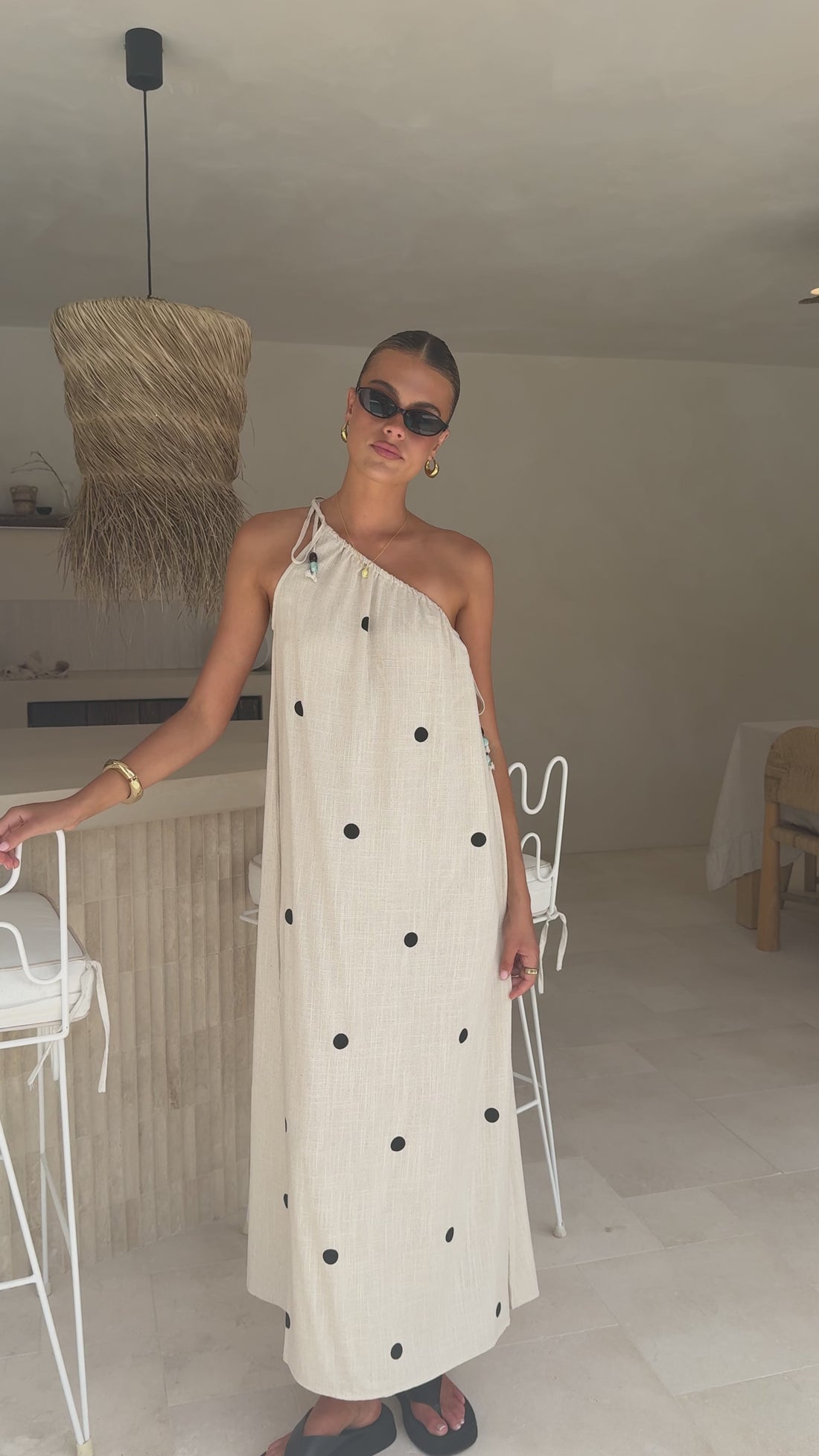 Nasira One Shoulder Maxi Dress - Oat/Black Polka Dot - Billy J