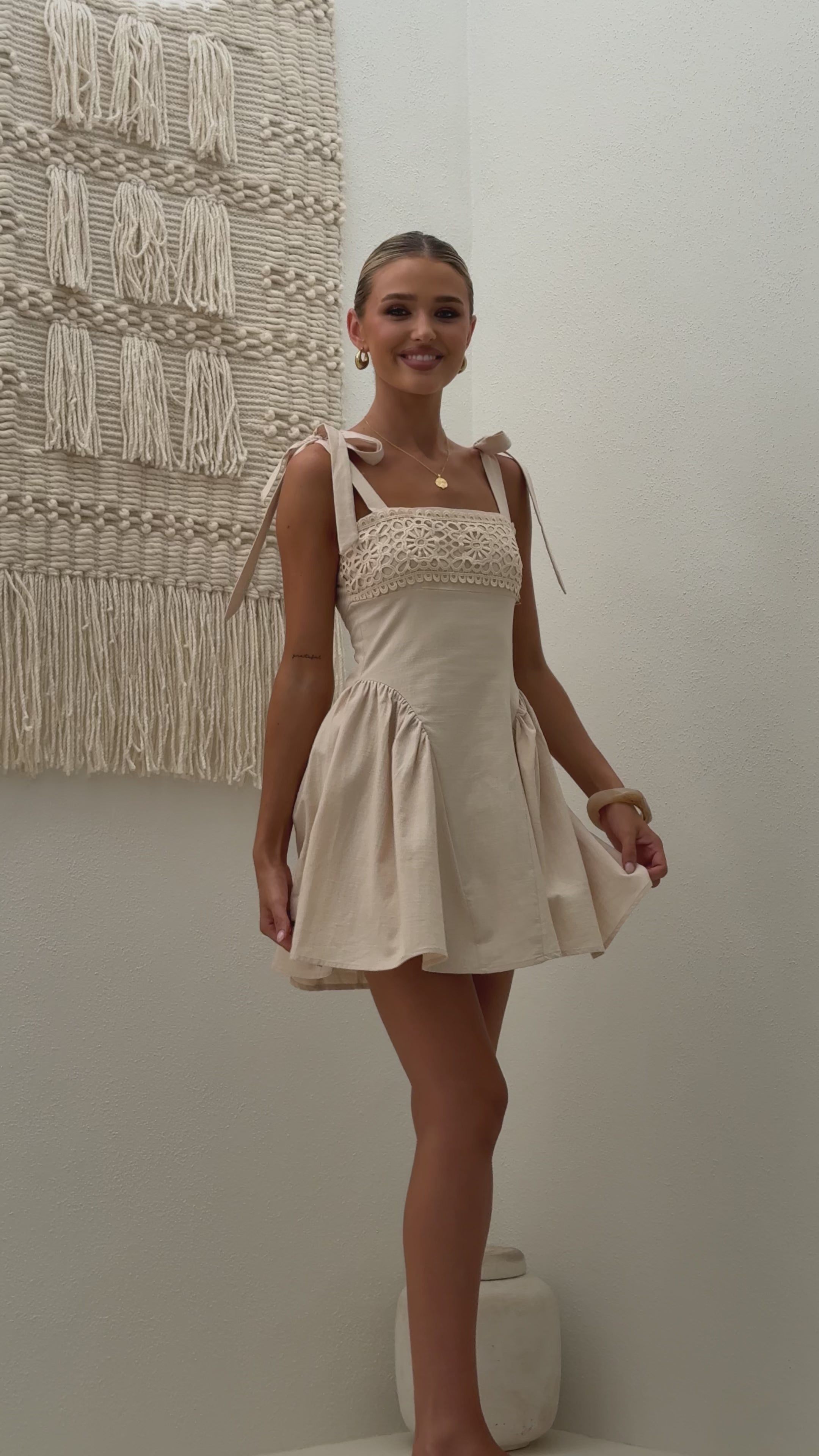 Load video: Nari Tie Strap Mini Dress - Beige - Billy J