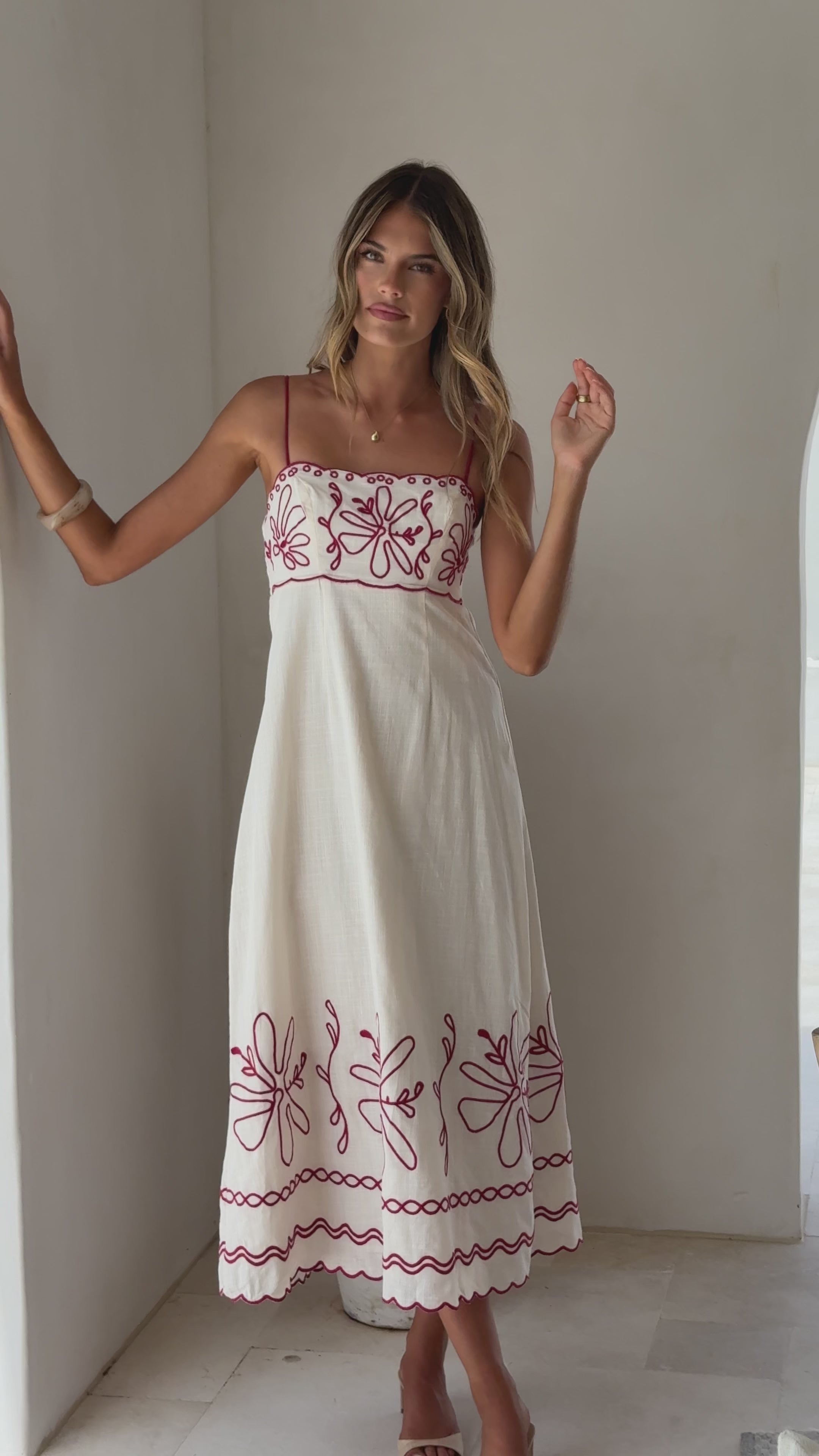 Load video: Mira Maxi Dress - Cream/Red - Billy J