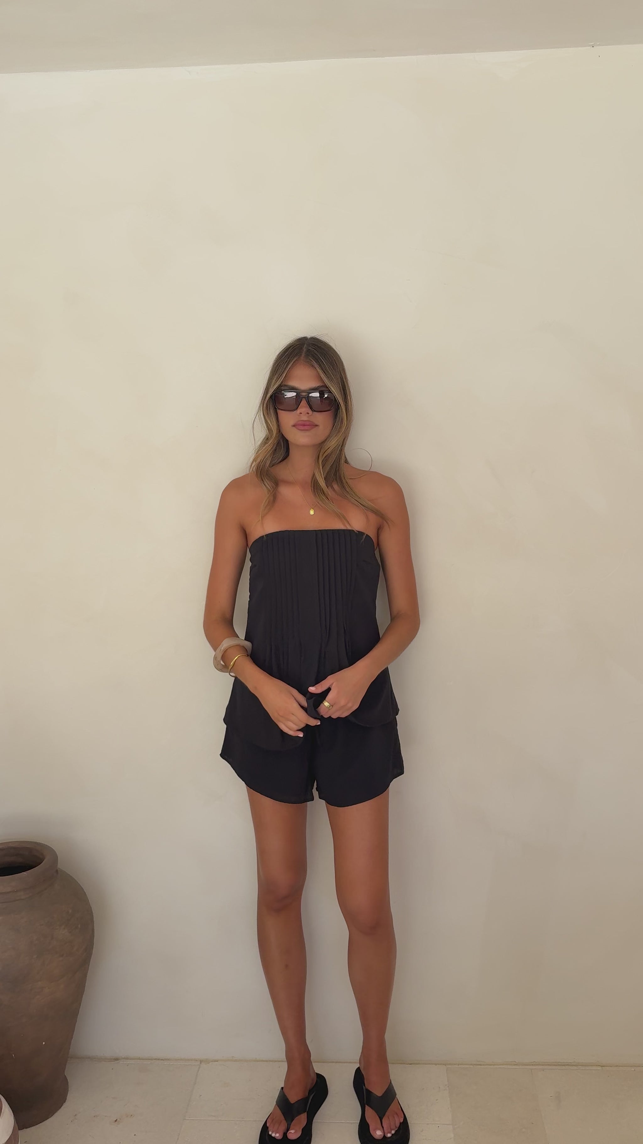 Sharni Strapless Pleat Top and Shorts Set - Black - Billy J