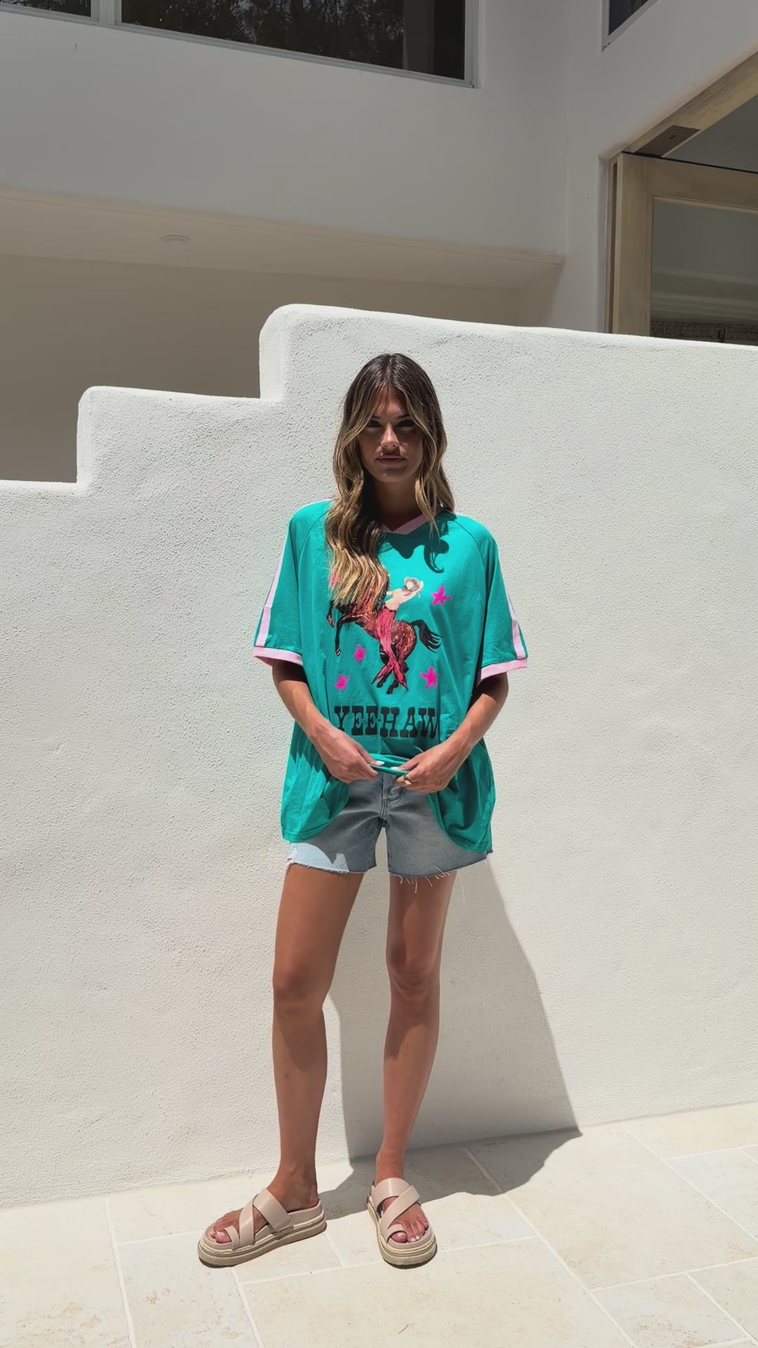 Load video: Yee-Haw T-Shirt Oversized Tee - Blue / Pink - Billy J