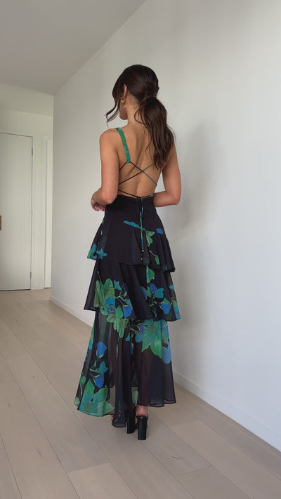 Load and play video in Gallery viewer, Sachiko Maxi Dress - Black / Green / Blue Floral
