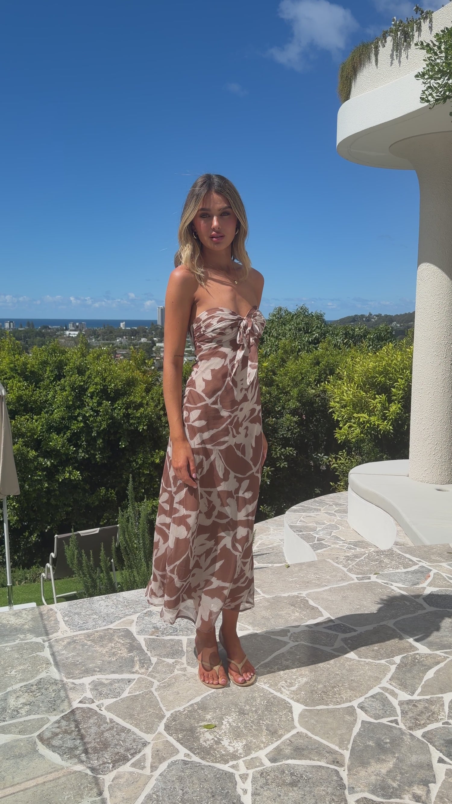 Leila Strapless Midi Dress - Brown Print - Billy J