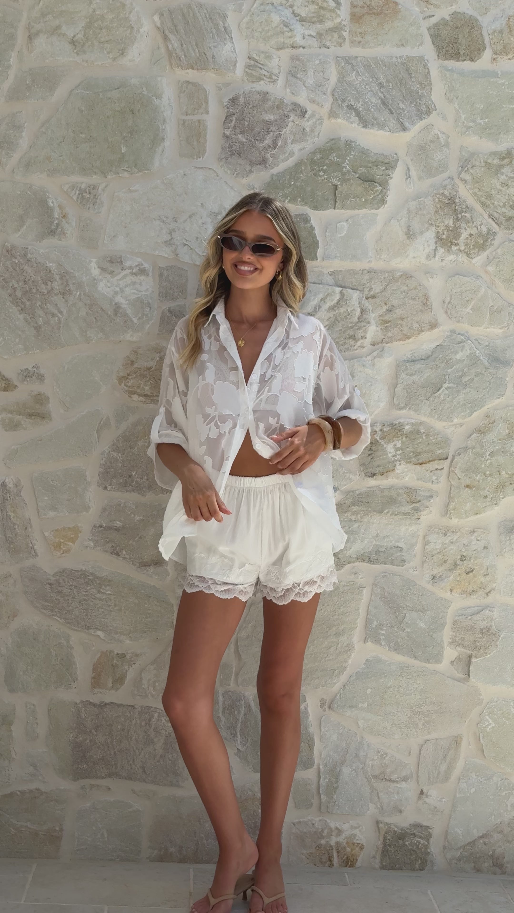 Load video: Zeta Button Up Long Sleeve Shirt and Shorts Set - White Lace - Billy J