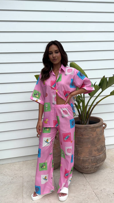 Load and play video in Gallery viewer, Kourt Button Up Shirt and Pants Set - Pink Stamps Set

