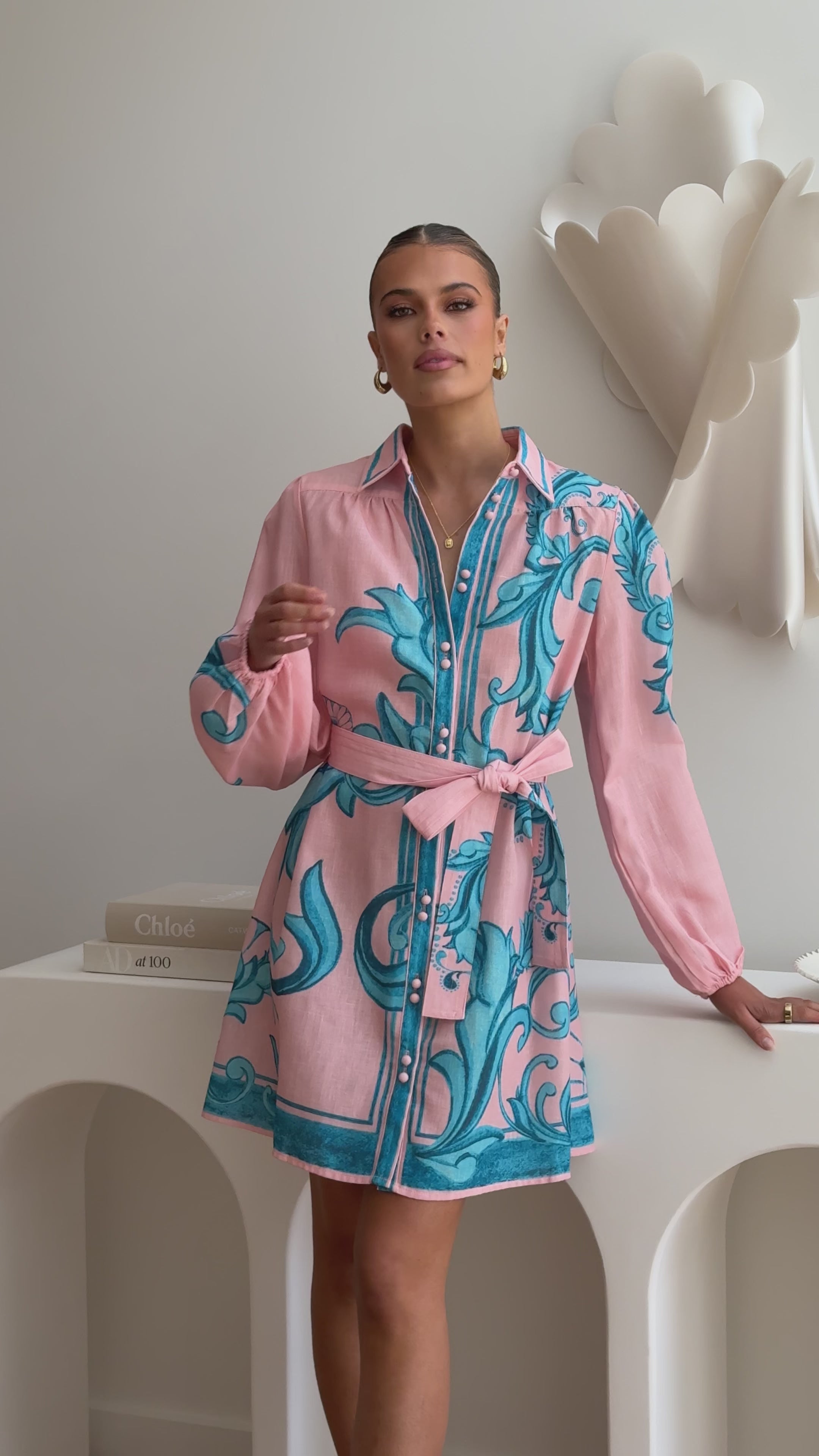 Load video: Lucia Long Sleeve Mini Dress - Aqua/Pink Print - Billy J