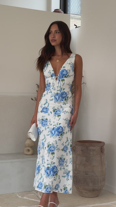 Load and play video in Gallery viewer, Magola Maxi Dress - White / Blue Floral
