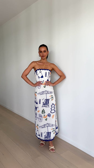 Load and play video in Gallery viewer, Rafa Maxi Dress - White / Blue Print
