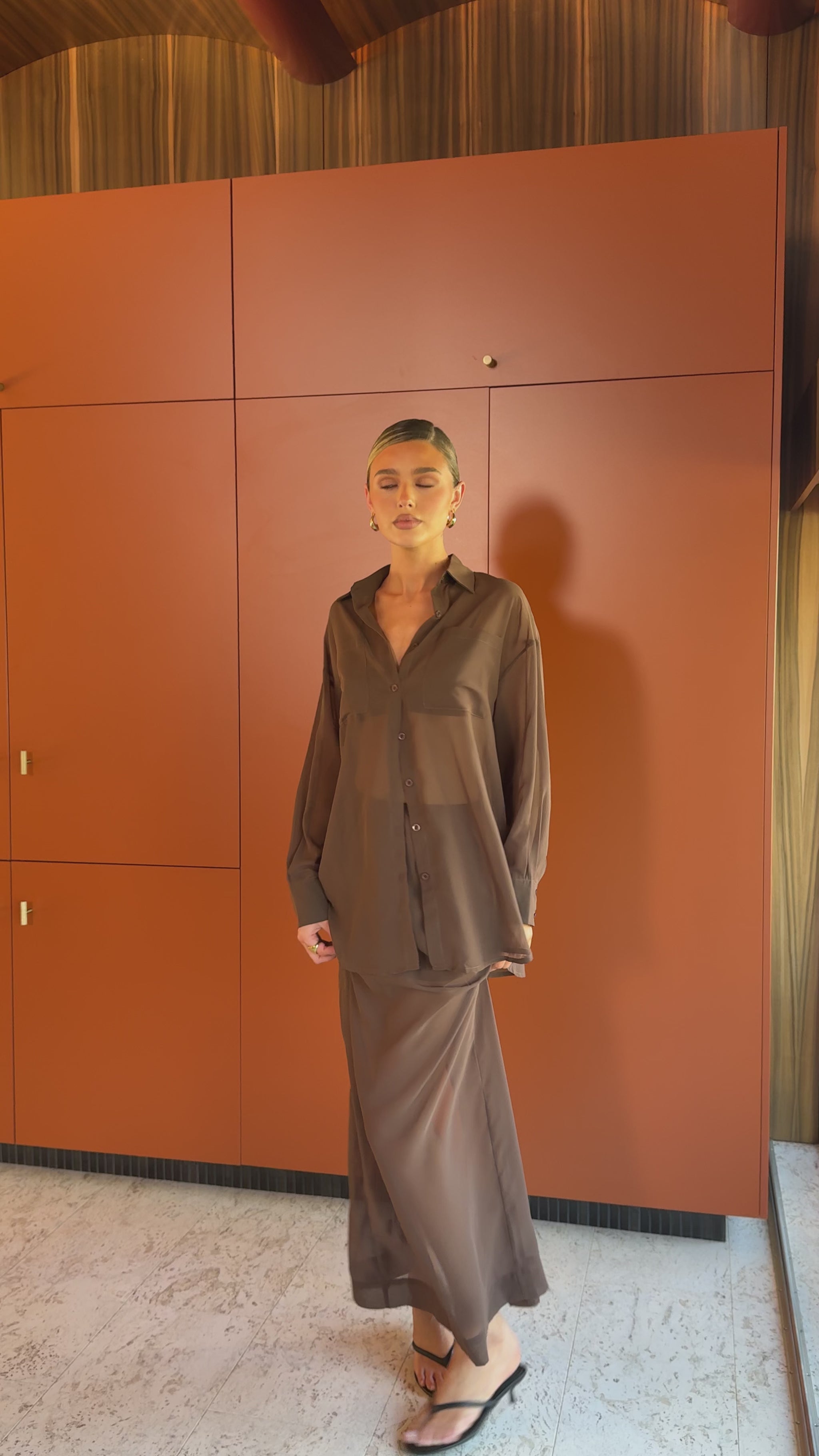 Adella Sheer Long Sleeve Top and Maxi Skirt Set - Chocolate - Billy J