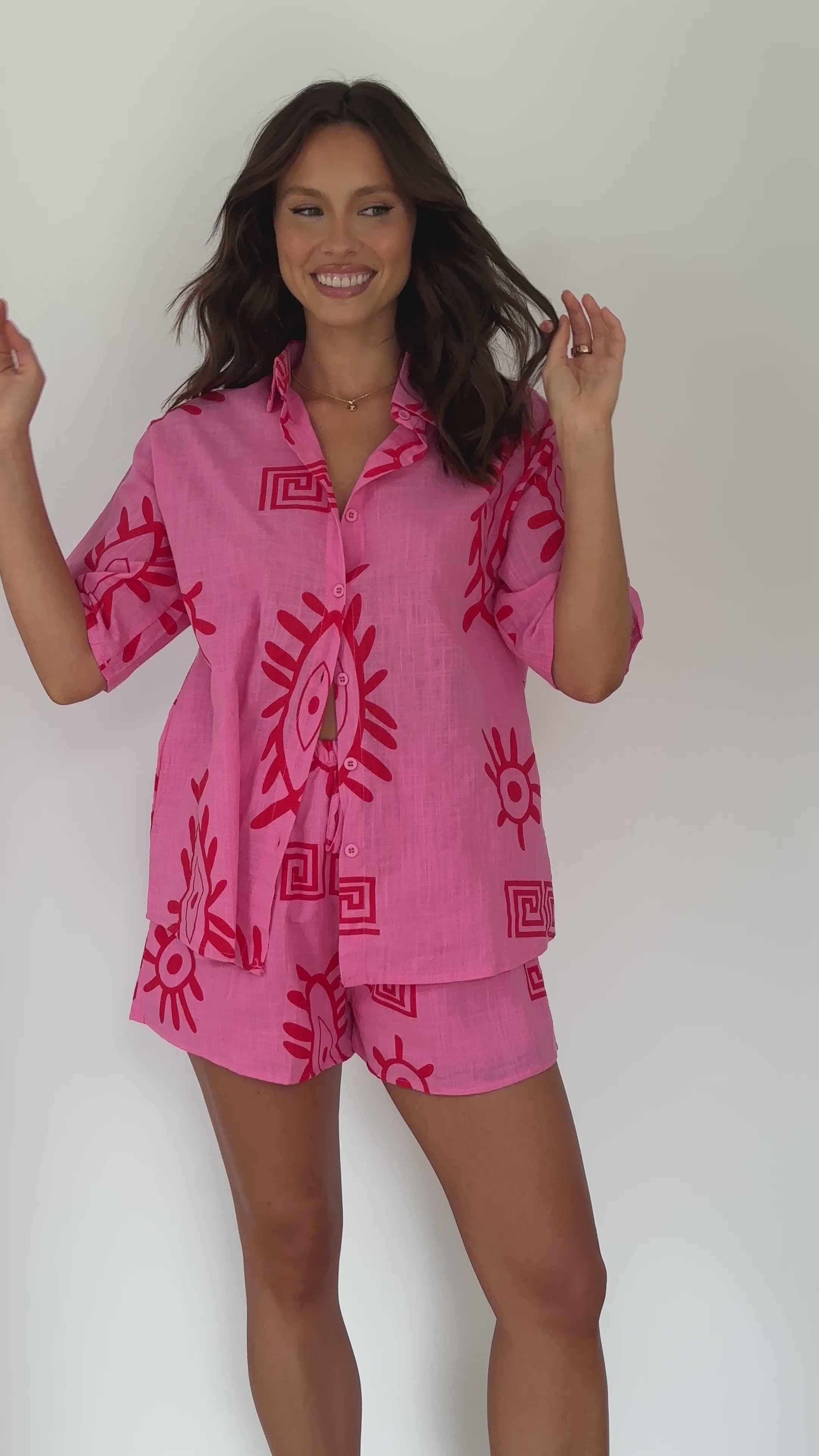 Charli Button Up Shirt and Shorts Set - Pink / Red Aztec Eye