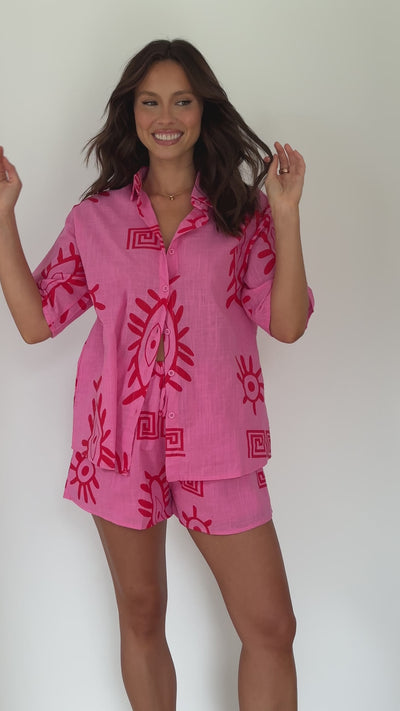 Load and play video in Gallery viewer, Charli Button Up Shirt and Shorts Set - Pink / Red Aztec Eye
