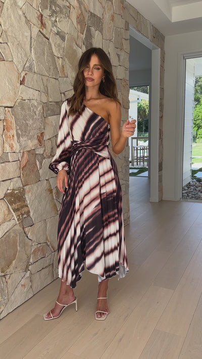 Load and play video in Gallery viewer, Brooklyn One Shoulder Midi Dress - Brown White Stripe
