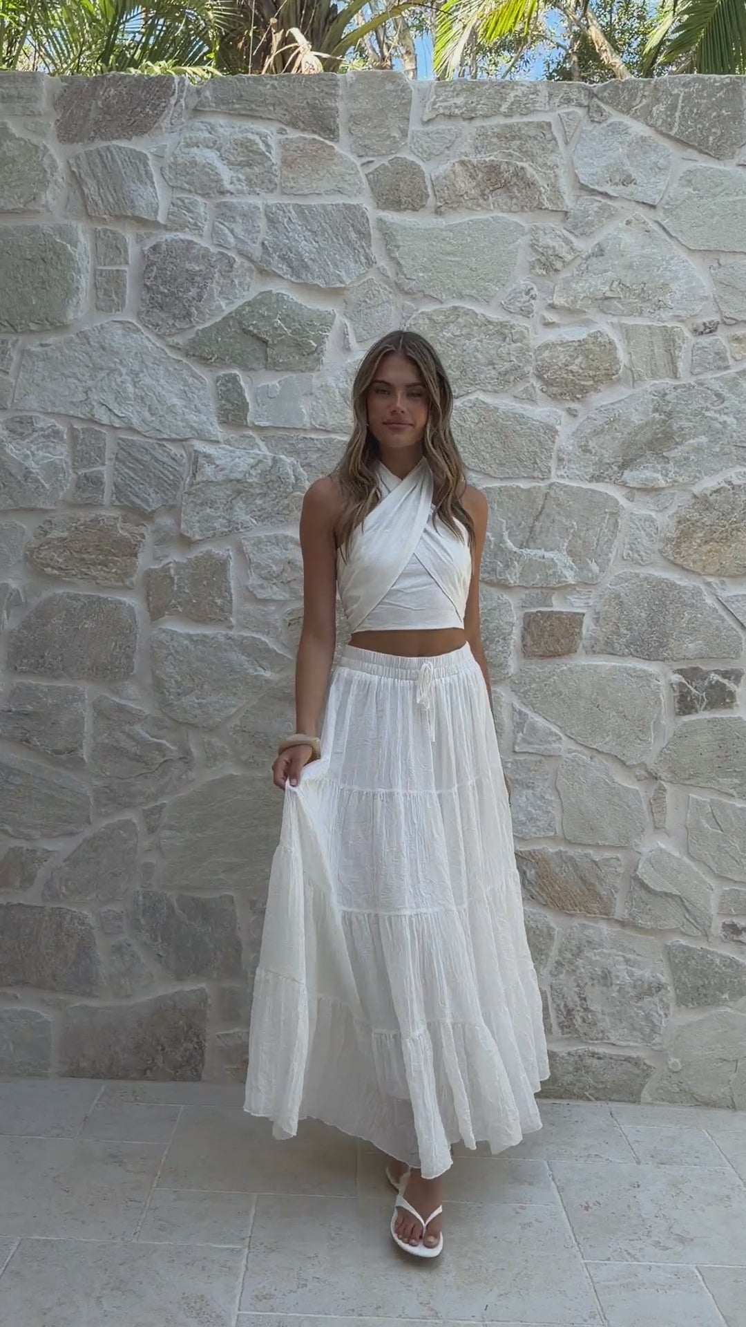 Load video: Cartier Tiered Maxi Skirt - White - Billy J
