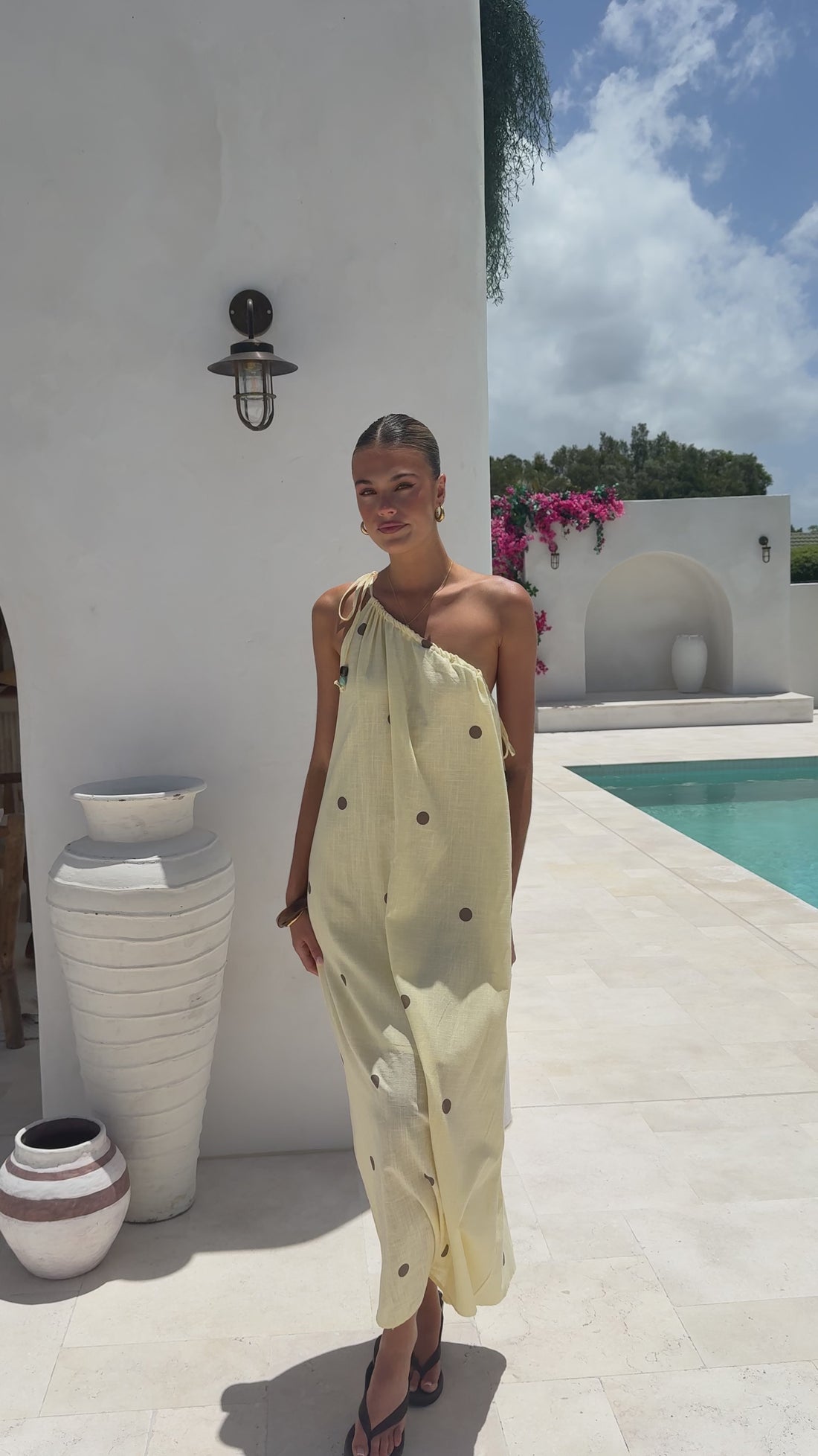 Nasira One Shoulder Maxi Dress - Yellow/Chocolate Polka - Billy J