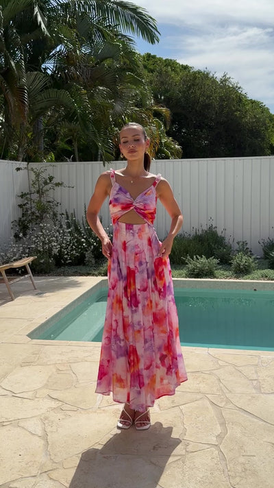 Load and play video in Gallery viewer, Katerina Maxi Dress - Pink/Purple Print
