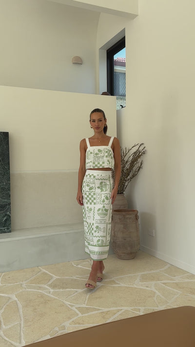 Load and play video in Gallery viewer, Sakiko Top and Midi Skirt Set - Green / White
