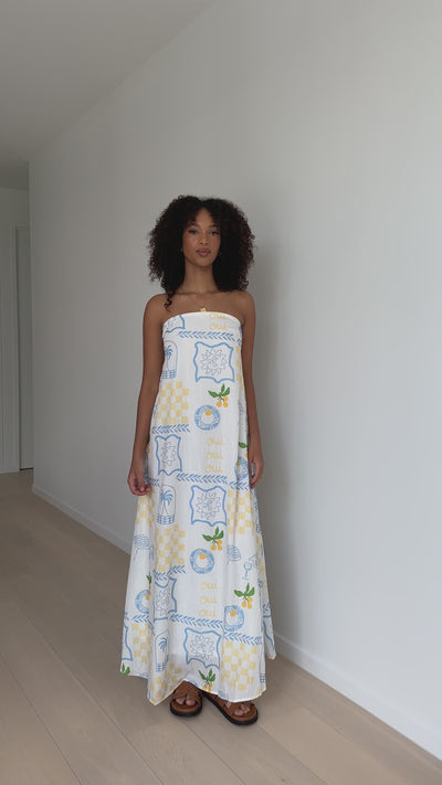 Load and play video in Gallery viewer, Connie Maxi Dress - Blue / Yellow Holiday Print
