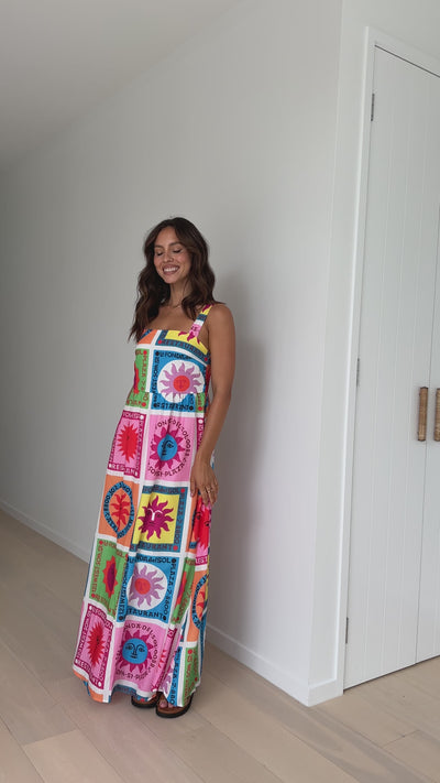 Load and play video in Gallery viewer, Amira Maxi Dress - Multi Colour Sun Print
