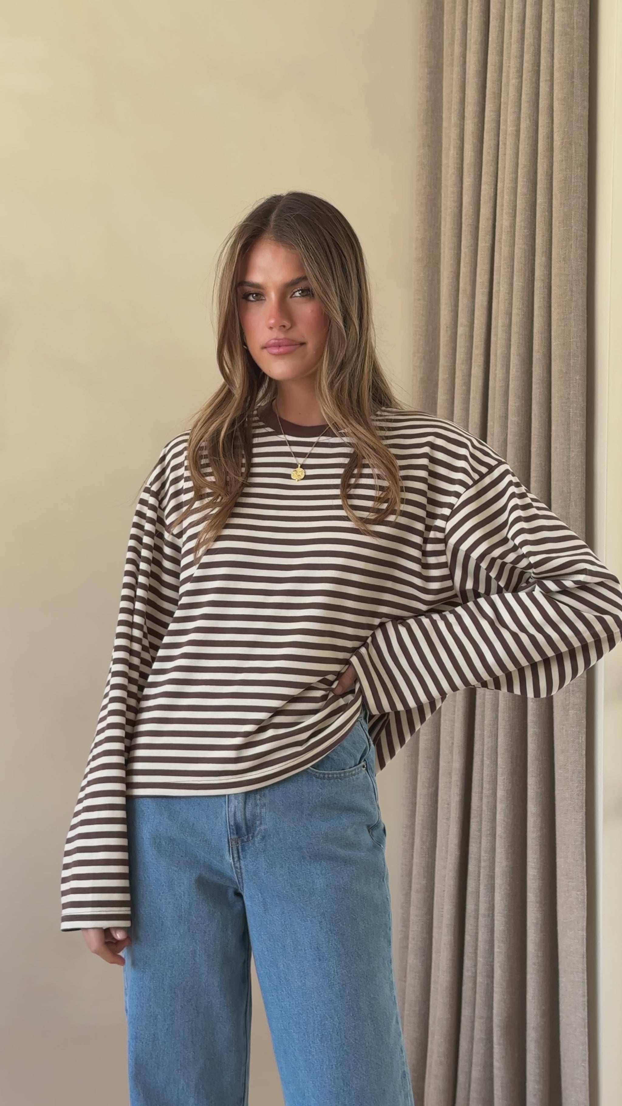 Solana Long Sleeve Top - Choc/White Stripe - Billy J
