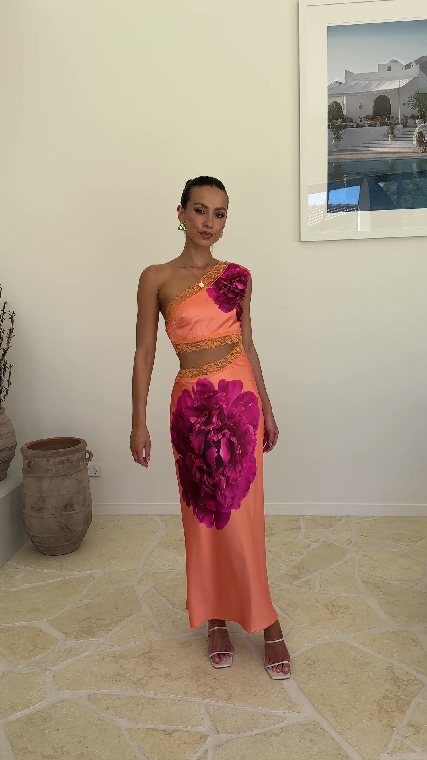 Emily One Shoulder Maxi Dress - Orange / Pink - Billy J