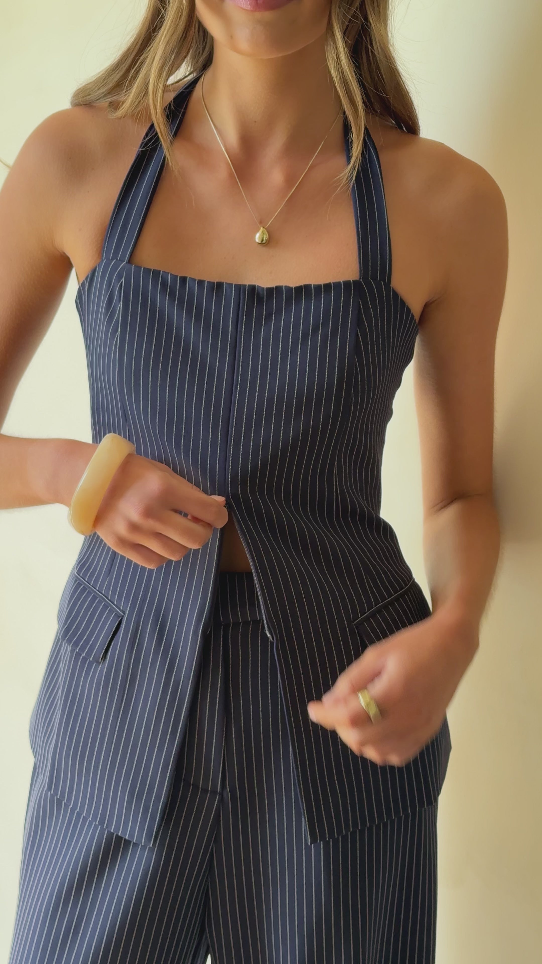 Load video: Fallon Halter Neck Top - Navy - Billy J