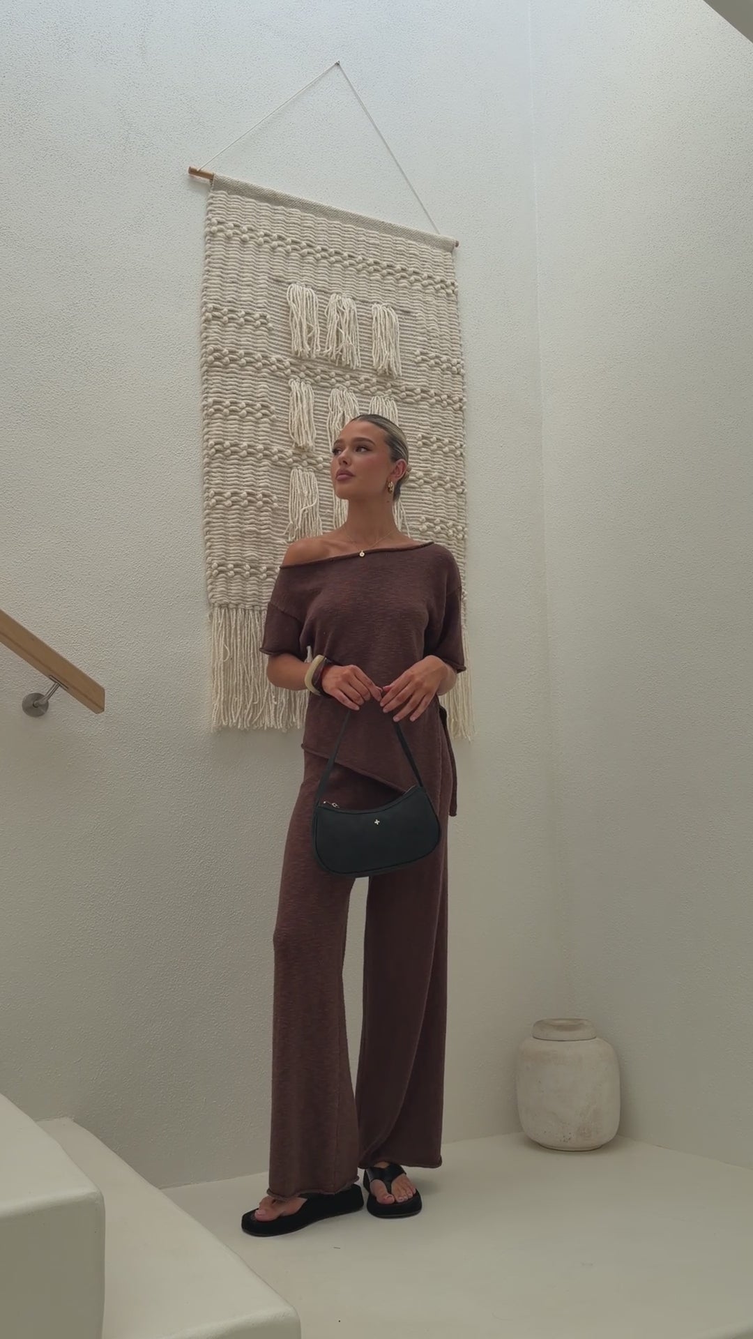 Load video: Cascadia Off Shoulder T-Shirt - Chocolate - Billy J