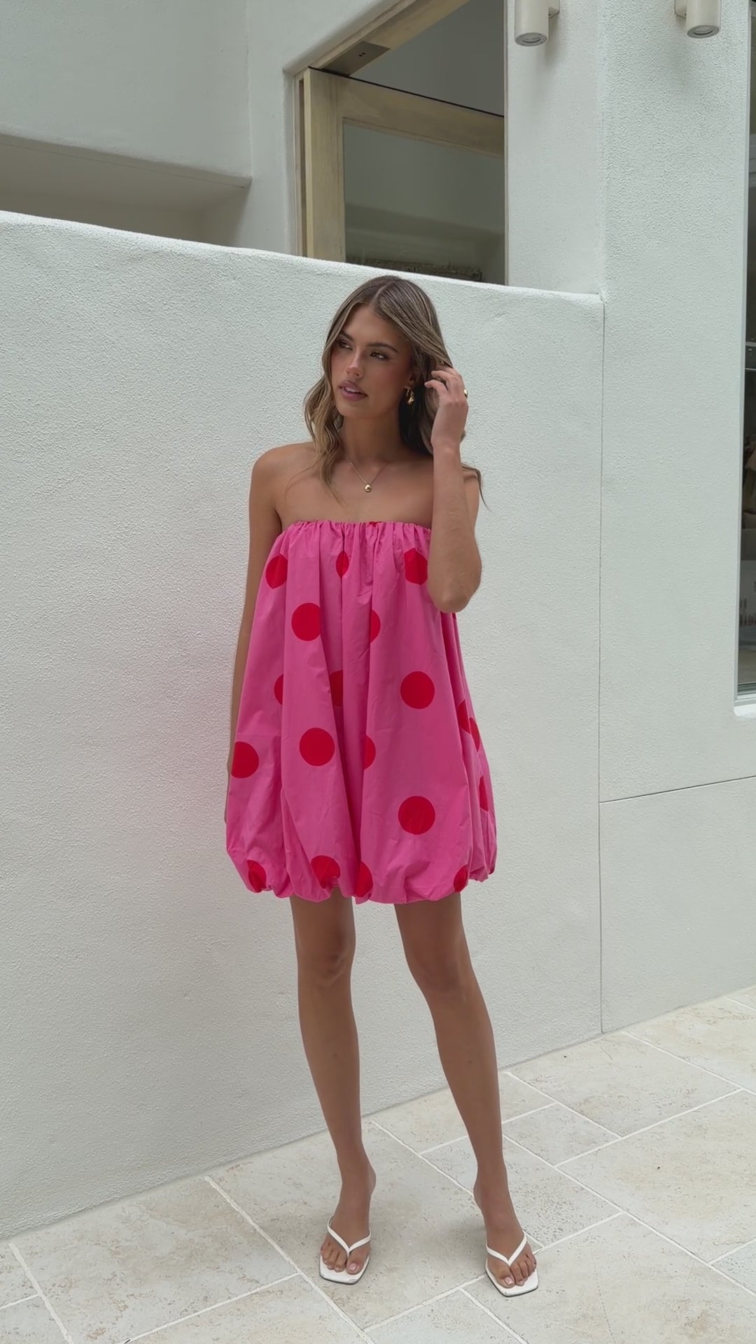 Everly Strapless Mini Dress - Pink/Red Polka - Billy J