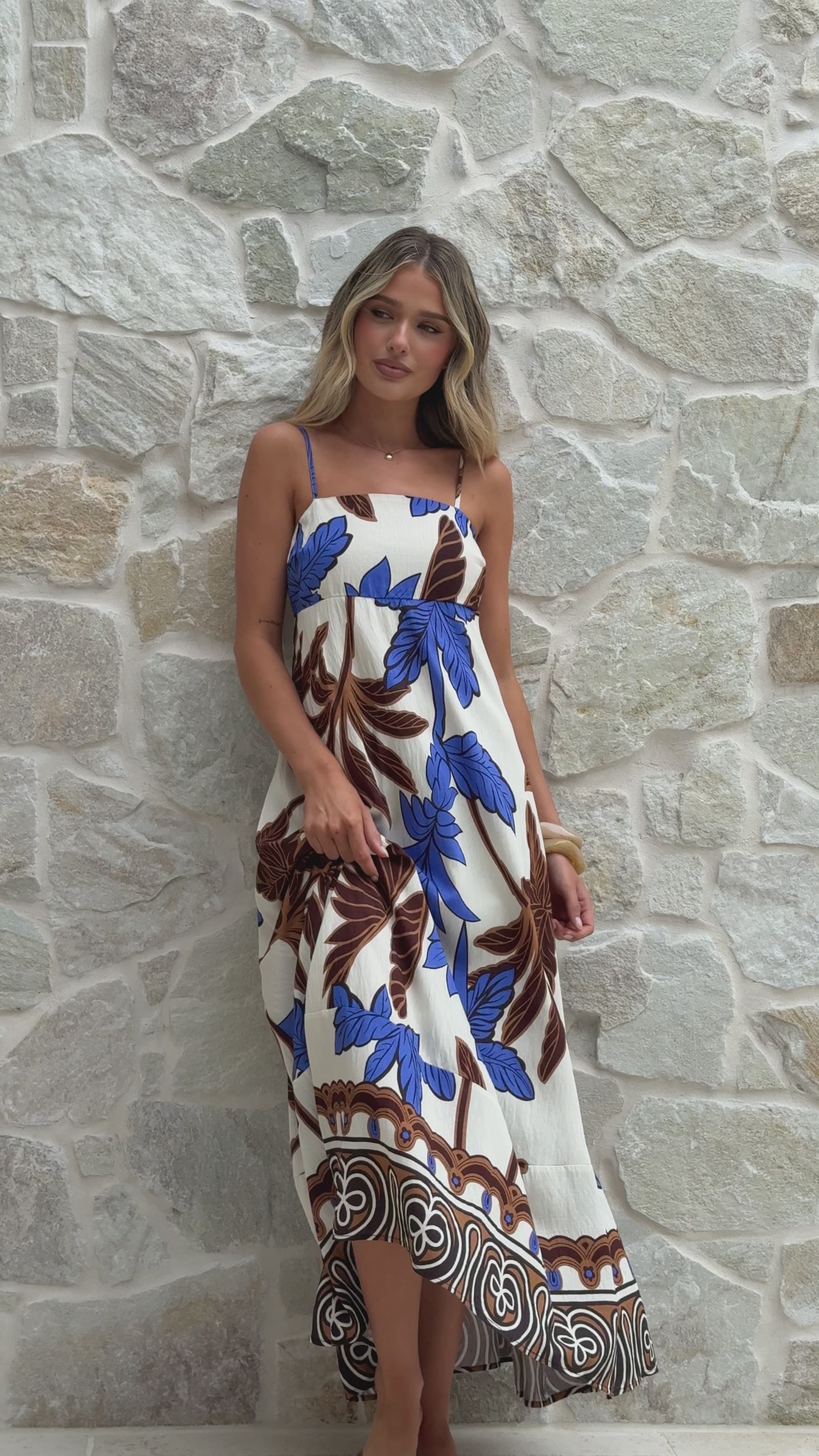 Load video: Marcel Maxi Dress - Chocolate/Blue Palm - Billy J