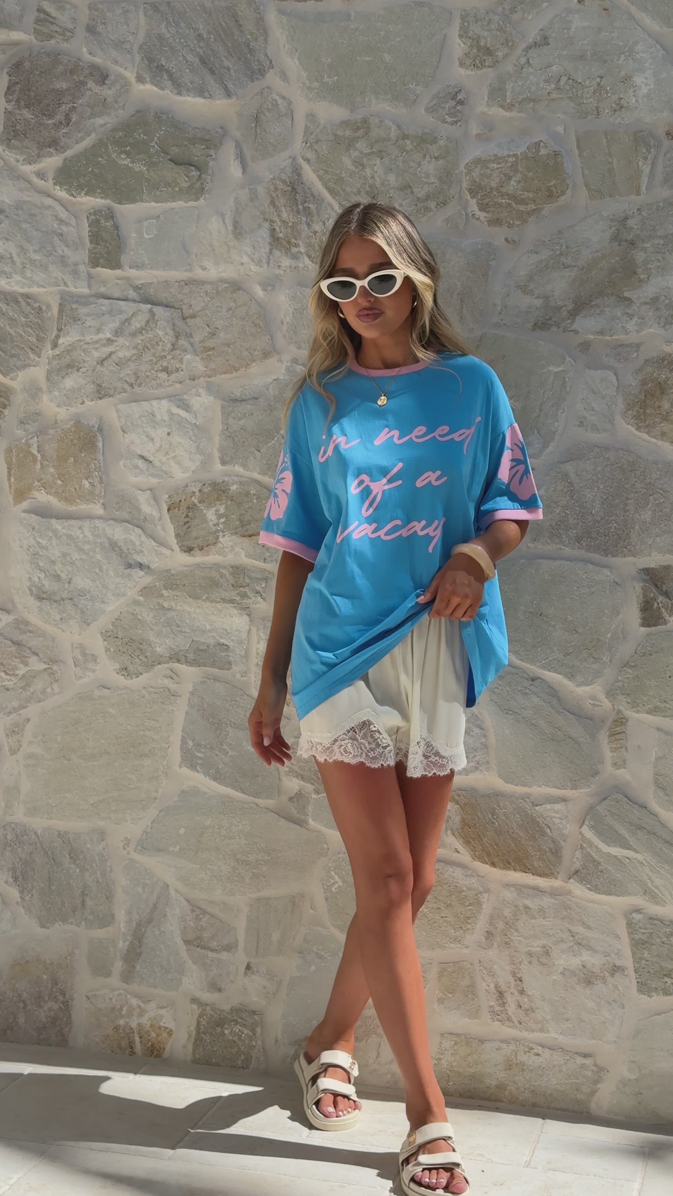 Load video: In Need Of A Vaycay T-Shirt - Blue/Pink - Billy J