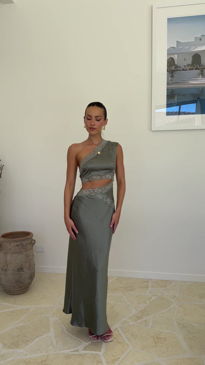 Load and play video in Gallery viewer, Emily One Shoulder Maxi Dress - Khaki
