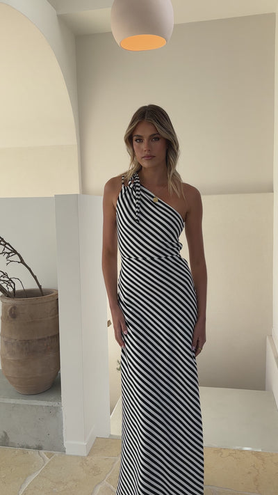 Load and play video in Gallery viewer, Ochola One Shoulder Maxi Dress - Black / White Stripe
