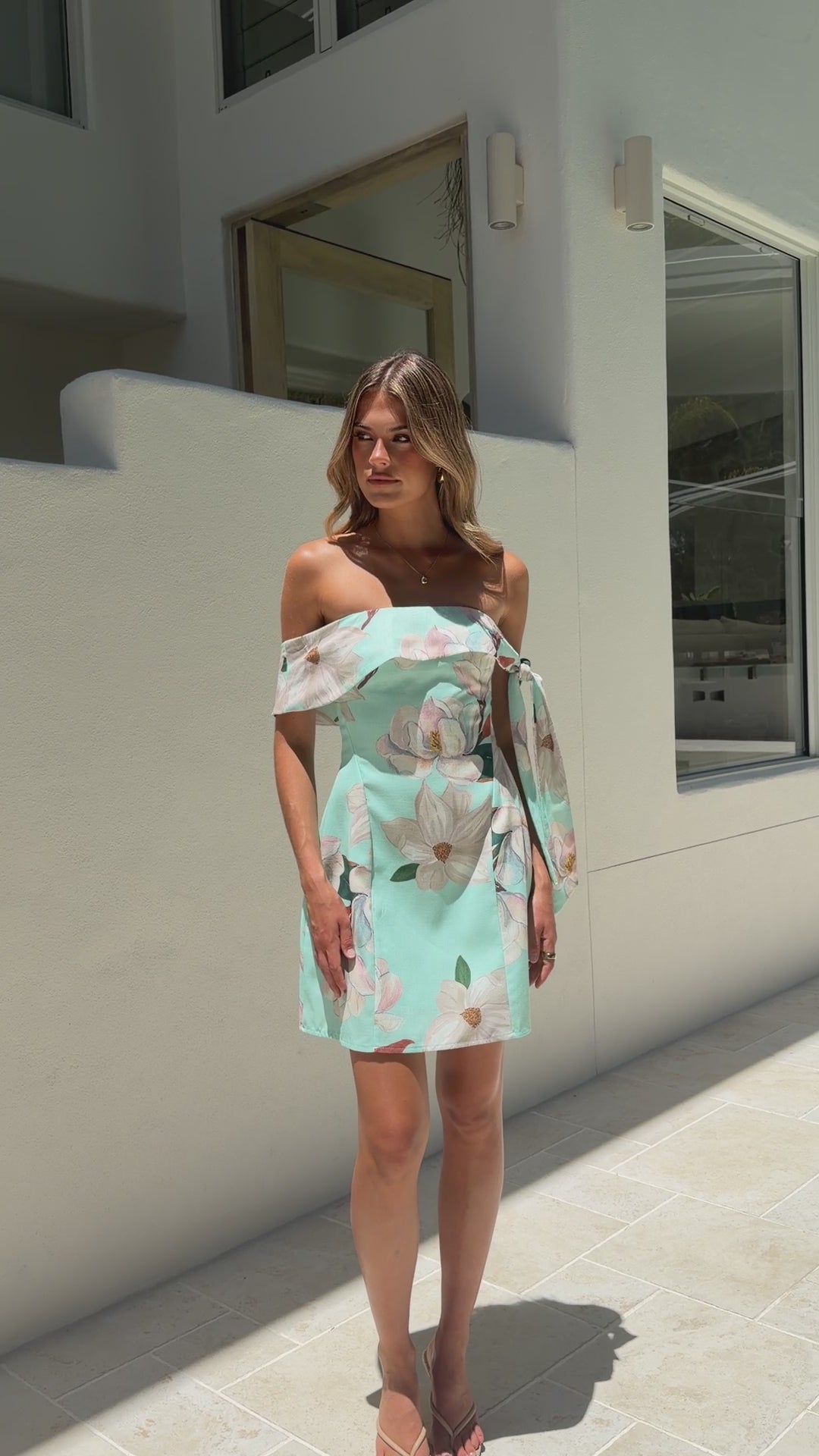 Halen Off Shoulder Mini Dress - Aqua/White Floral - Billy J