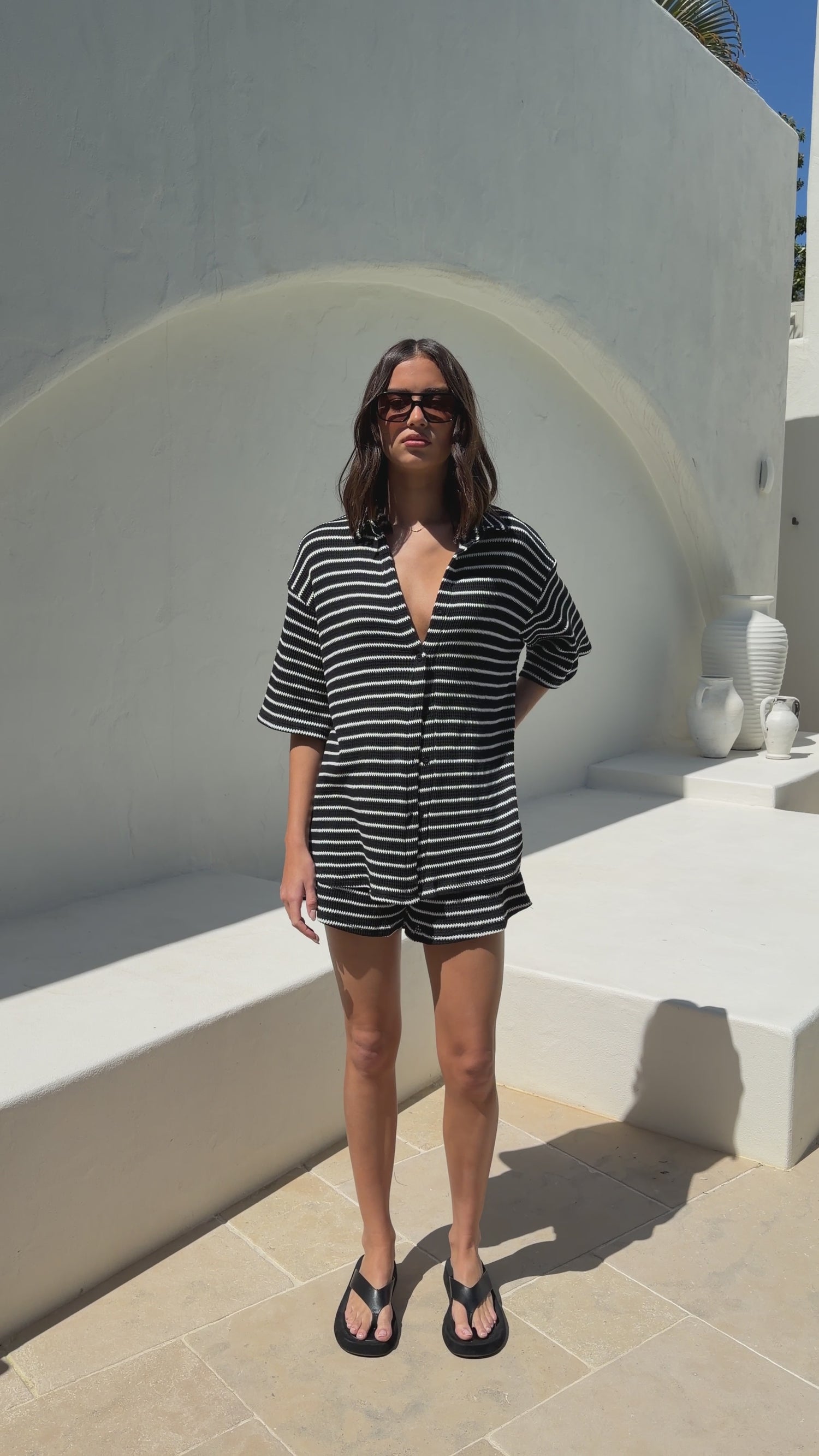 Lacole Button Up Shirt and Shorts Set - Black / White Stripe - Billy J
