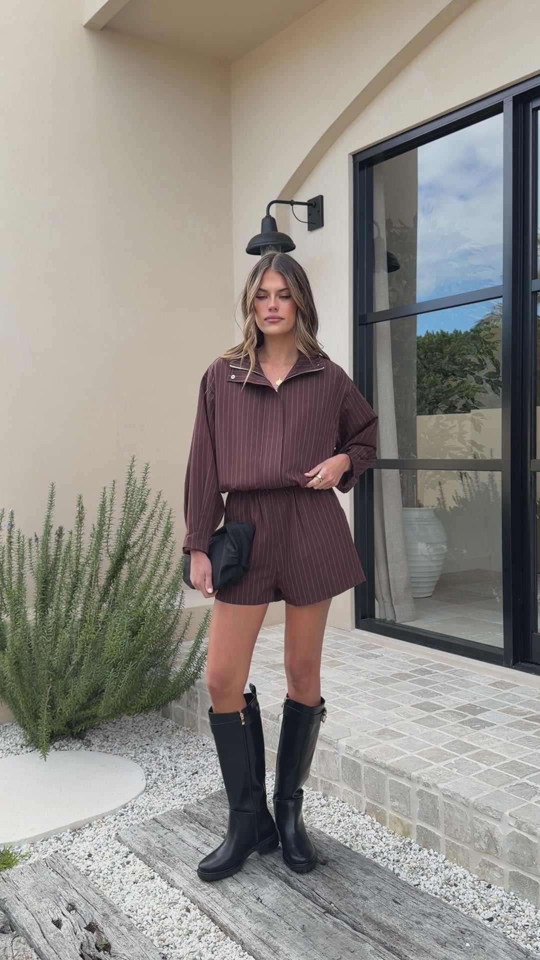 Ivana Funnel Neck Jacket & Shorts Set - Brown Pinstripe - Billy J