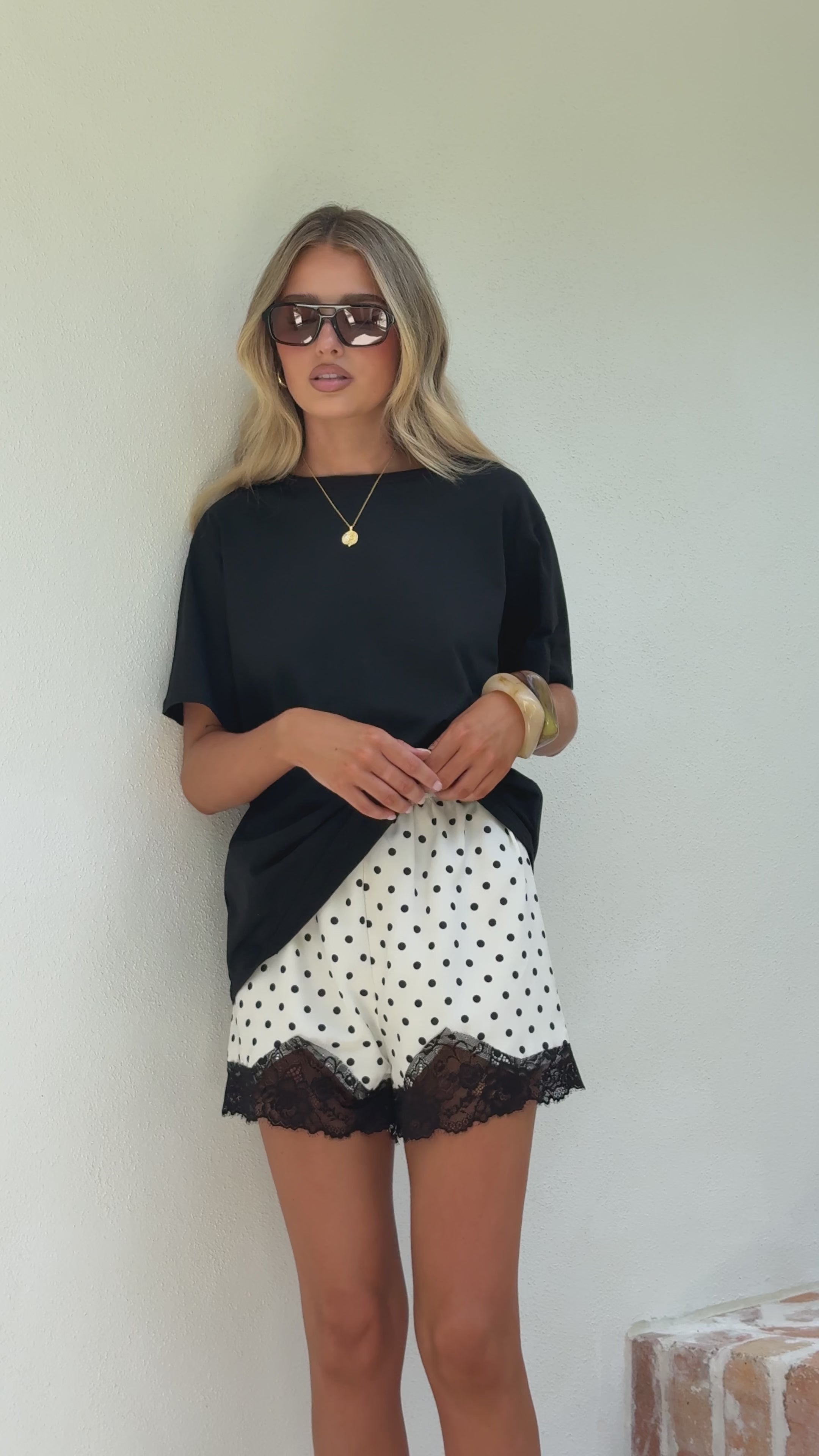 Load video: Makoa Lace Shorts - White/Black Polka - Billy J