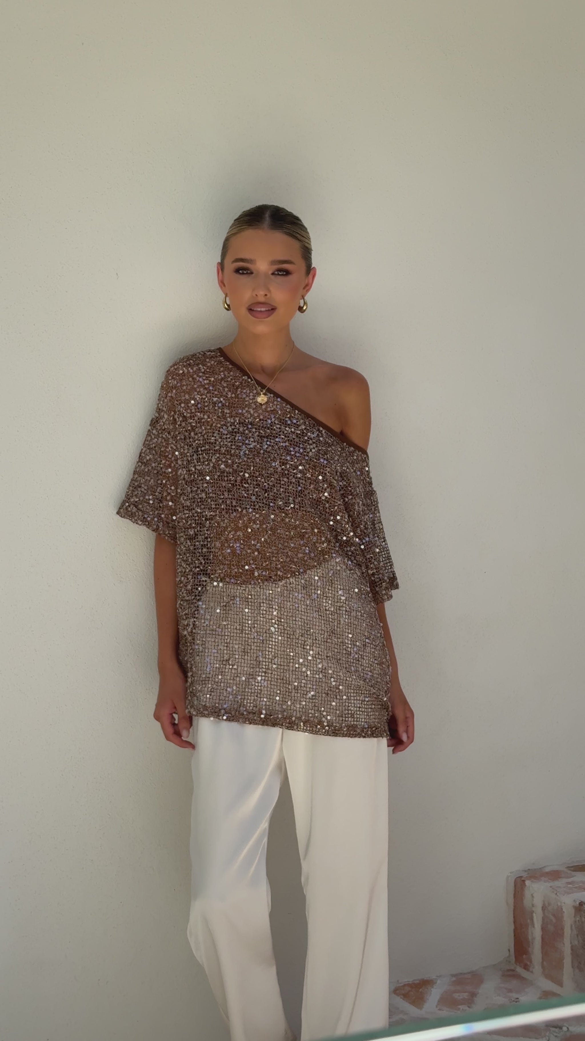 Zinnie Sequins Off Shoulder Top - Mocha - Billy J