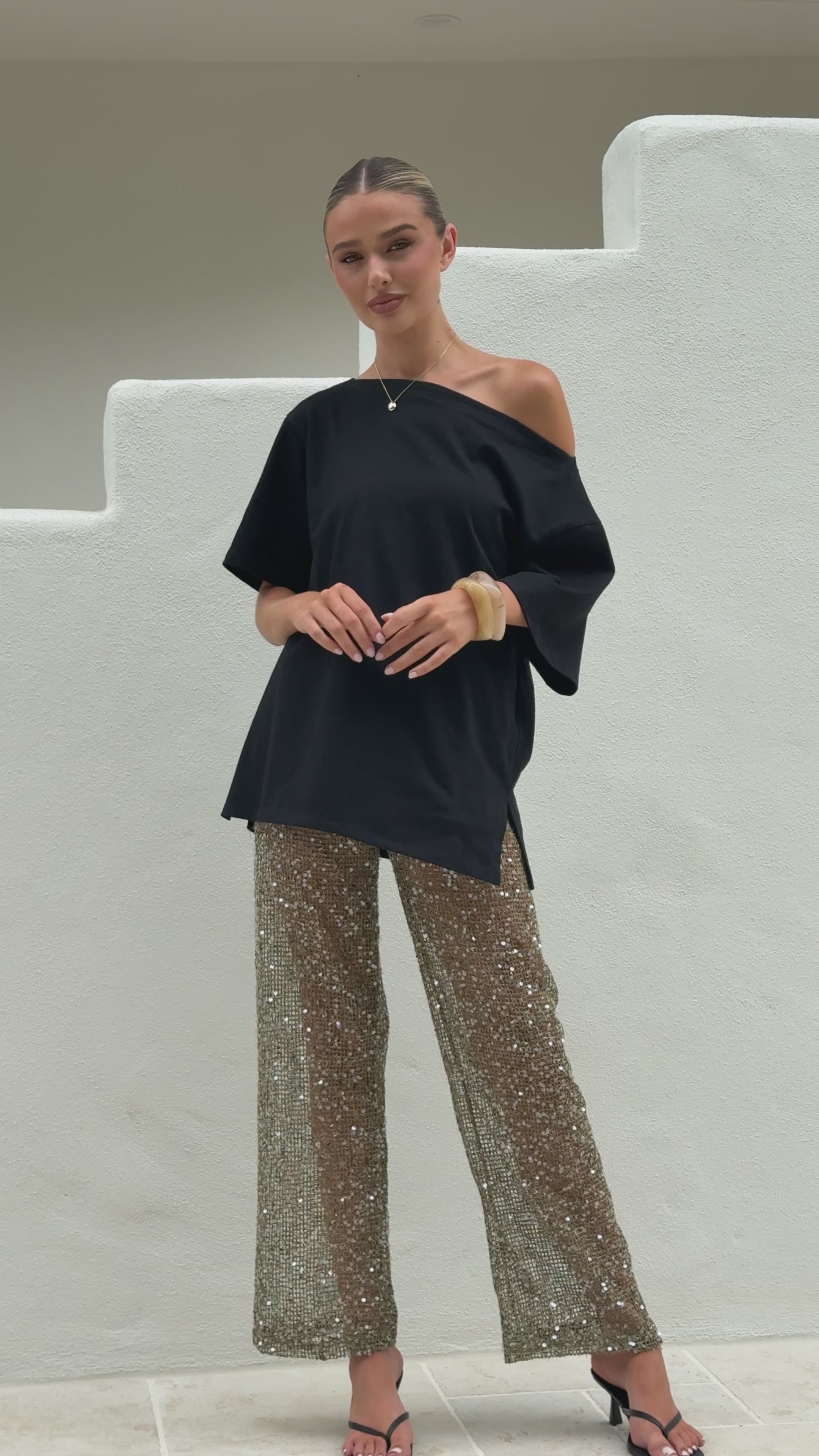 Load video: Zinnia Sequins Pant - Kahki - Billy J