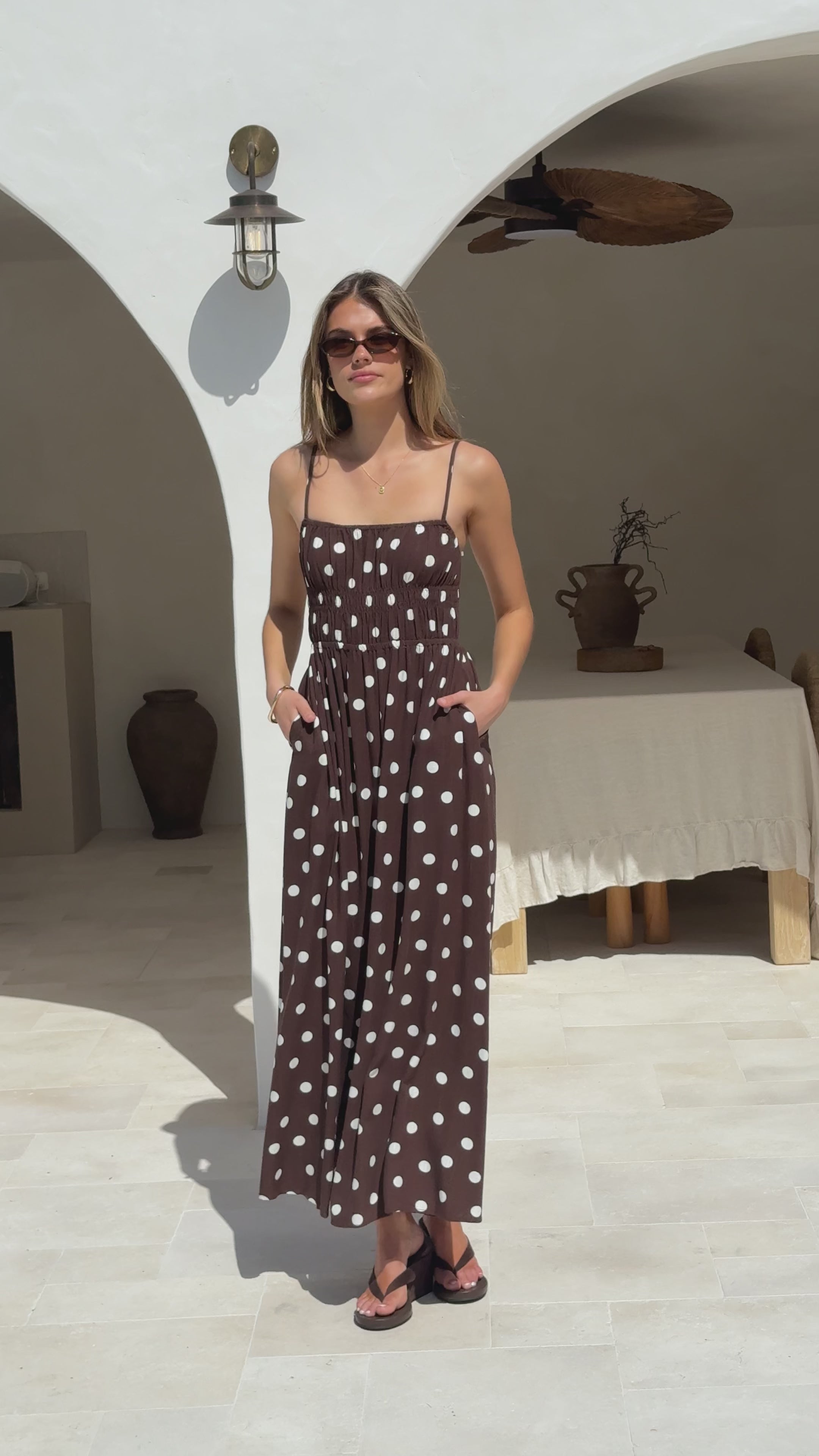 Load video: Solare Maxi Dress - Brown/White Polka - Billy J