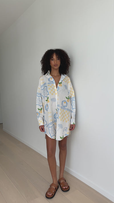 Load and play video in Gallery viewer, Piper Shirt Dress - Blue / Yellow Holiday Print
