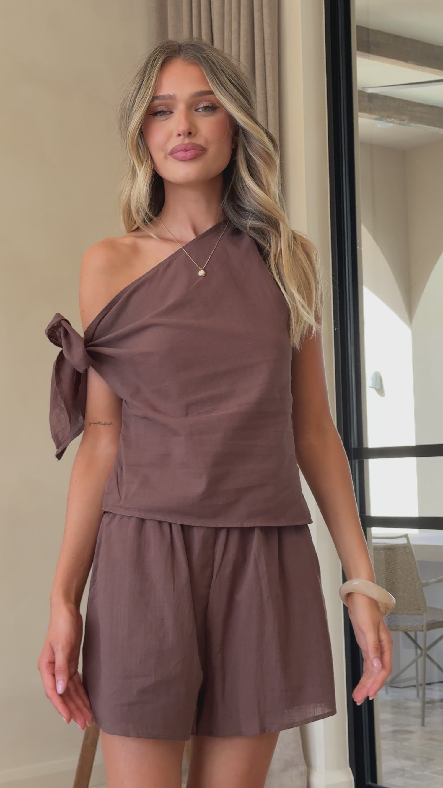 Zahavah Off Shoulder Top and Shorts Set - Chocolate - Billy J