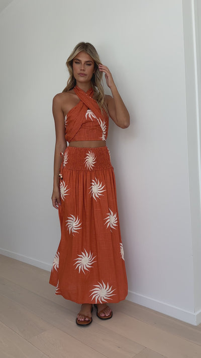 Load and play video in Gallery viewer, Isabelle Skirt - Rust Sun Print
